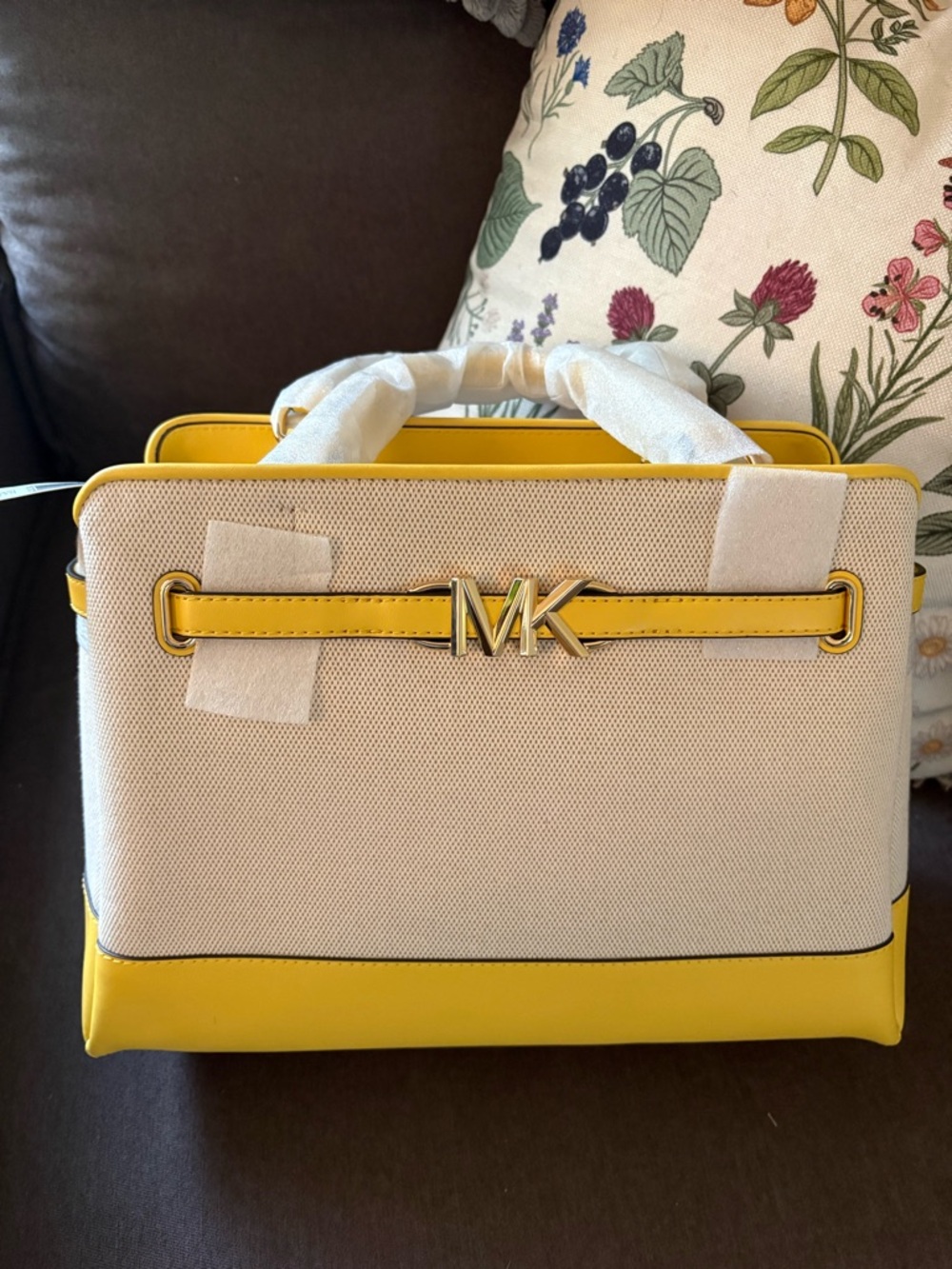 Michael Kors Cream and Yellow Canvas Satchel with Gold MK Accent